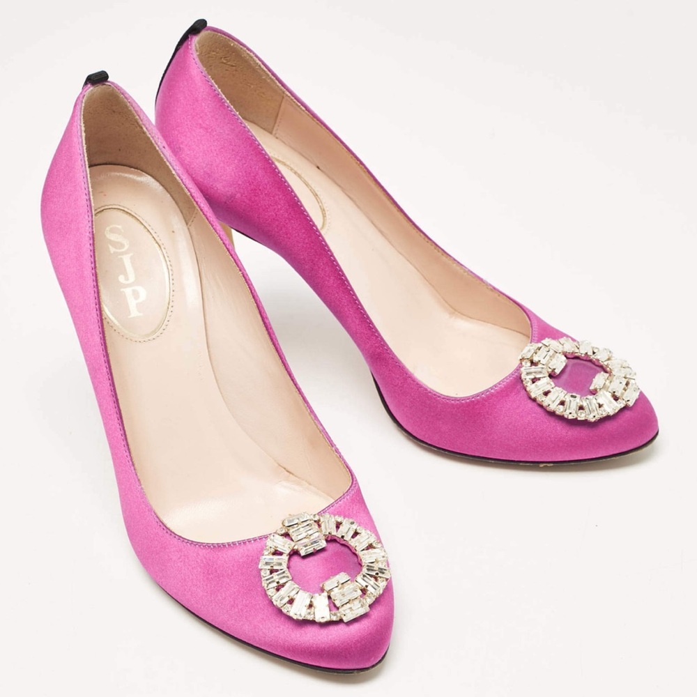 SJP Sarah Jessica Parker Women’s Bright Pink Satin Heels Rhinestone 39 8 Shoes